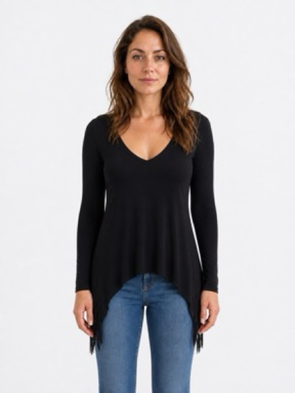 VENUS Black V-Neck Long-Sleeve Handkerchief Hem Tunic Fringe on Bottom Sides